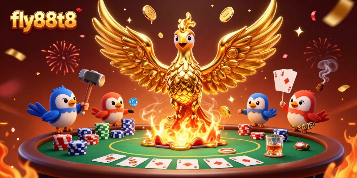 Experience excitement with fly88t8's vibrant poker scene featuring a molten gold phoenix.
