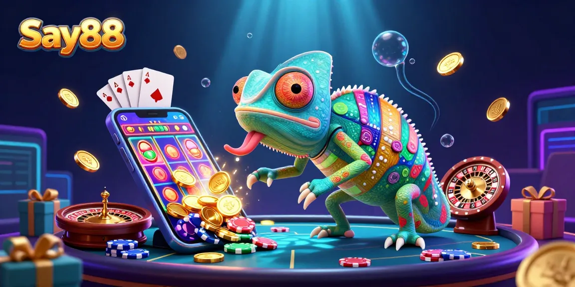 Experience Say88's vibrant casino gaming scene with golden coins and colorful slot games.
