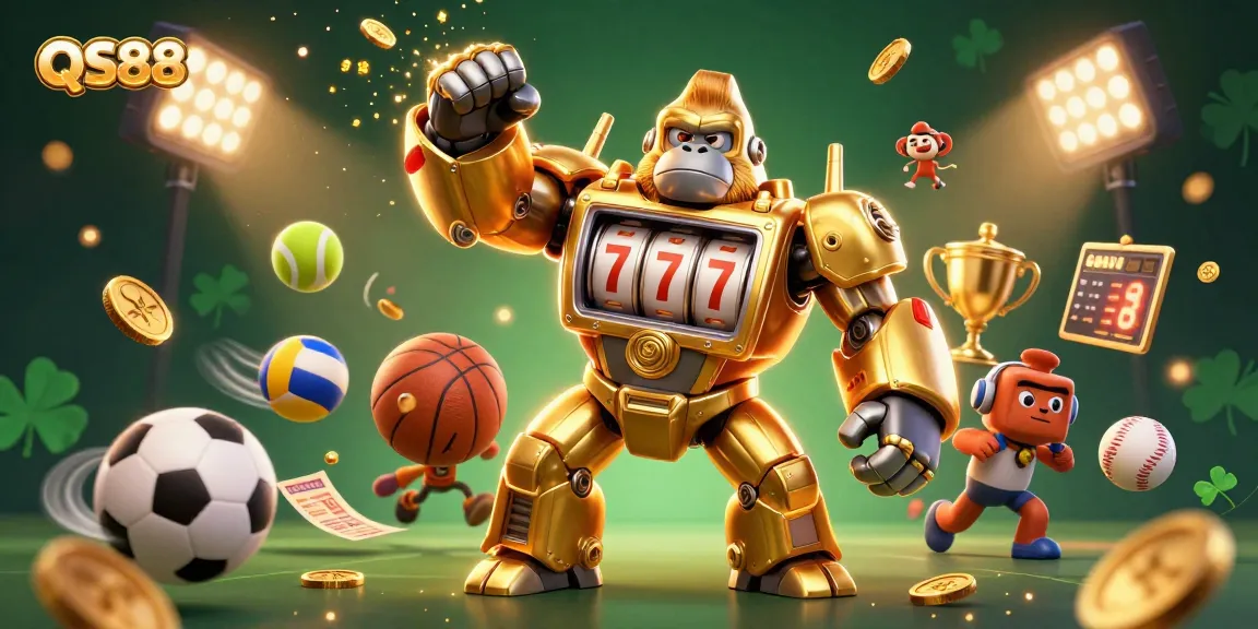 Engage with QS88's vibrant casino scene featuring a gorilla mech and dynamic sports elements.