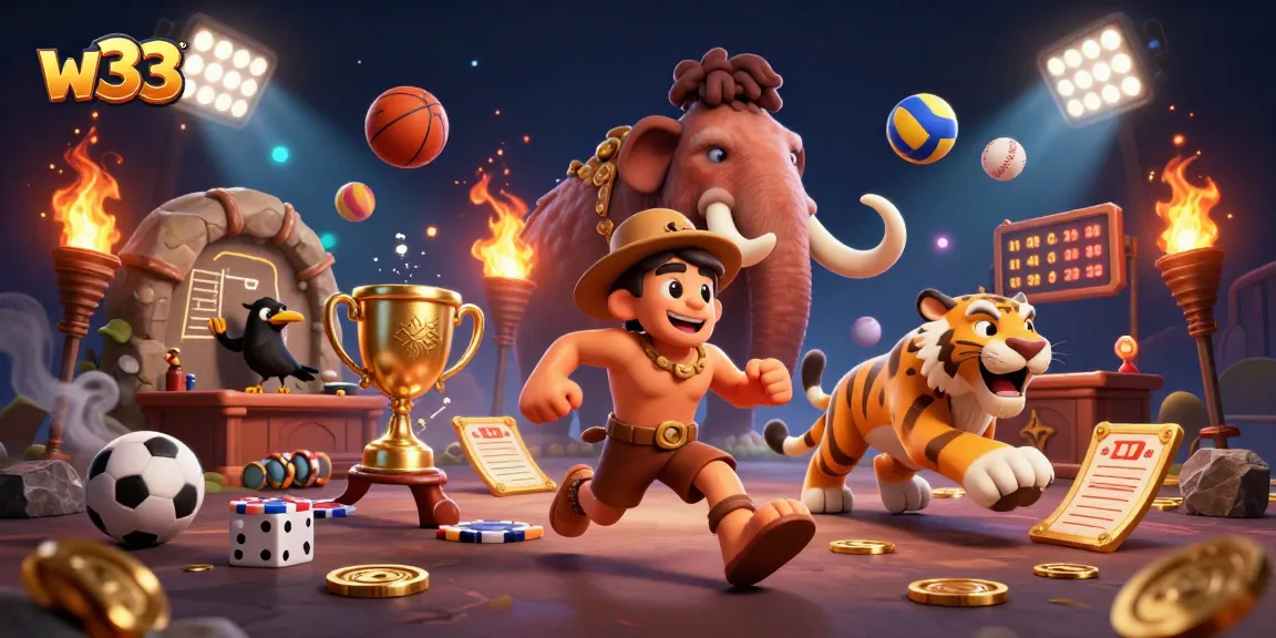 Engage with w33 at a vibrant prehistoric casino scene featuring dynamic gaming elements.