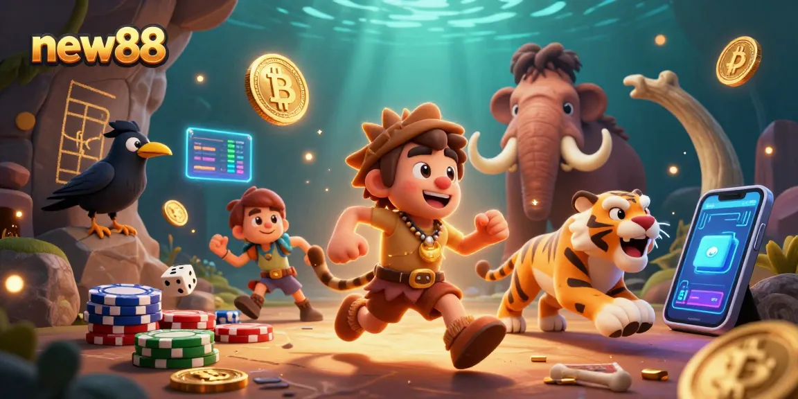 Play exciting games at new88 with a lively caveman and sabertooth tiger in a vibrant casino setting.