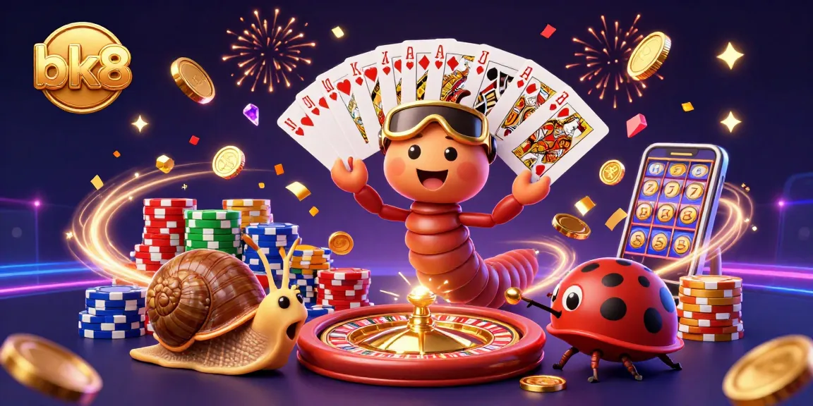 Engage with bk8's lively casino world, illustrated by a millipede dealer and vibrant games.