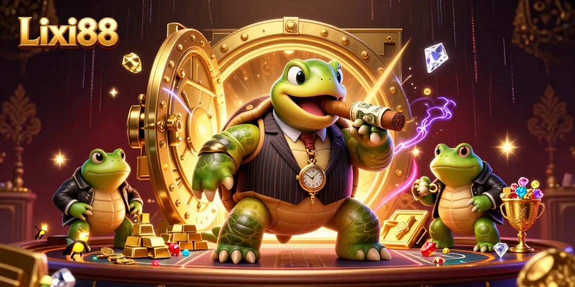 Lixi88 offers dynamic gaming excitement with cartoon turtle mobsters surrounded by jewels and gold, showcasing thrilling casino action.