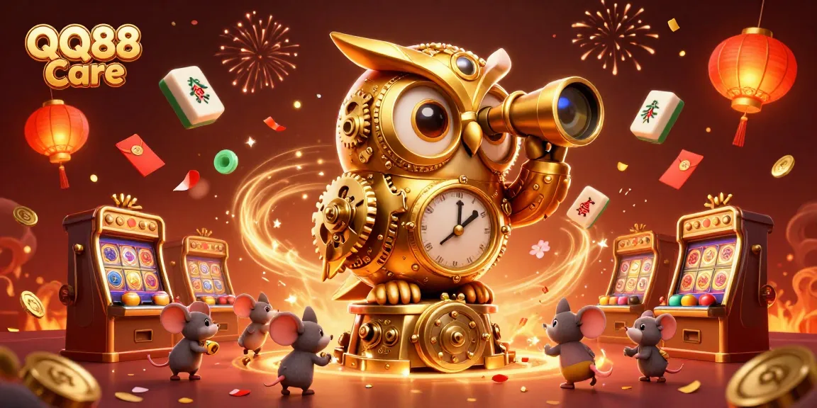 Engage with QQ88 Care's features, highlighting a clockwork owl and vibrant casino elements in action.