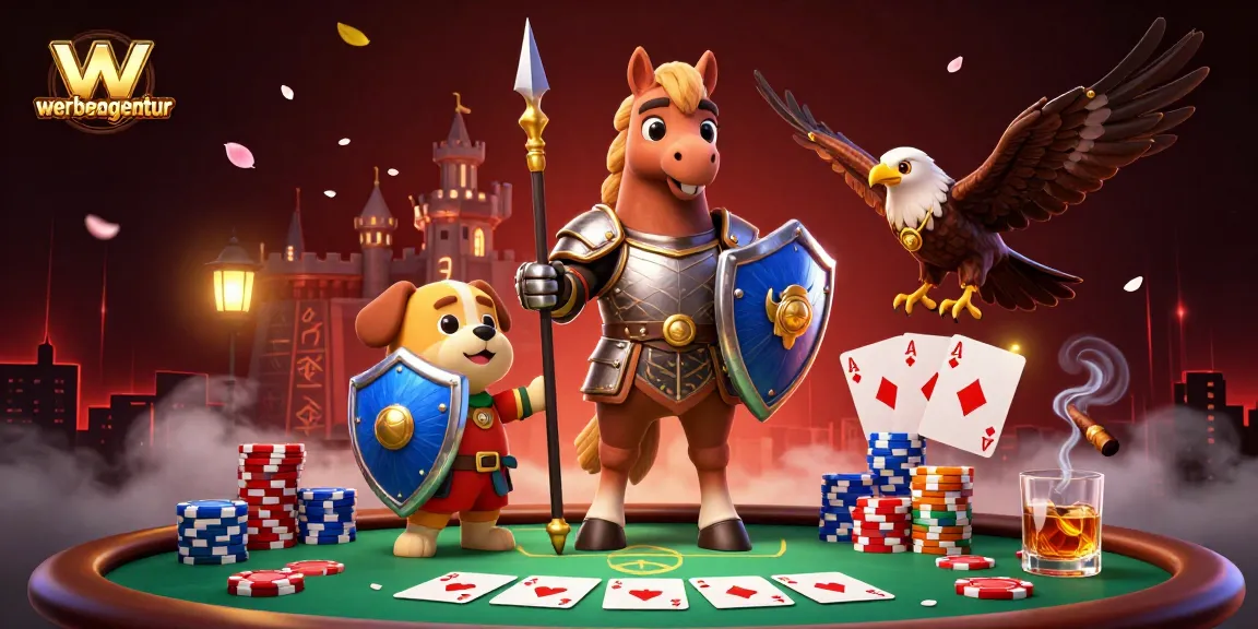 Engage in thrilling poker action at werbeagentur with 3D knight, puppy, and falcon elements.