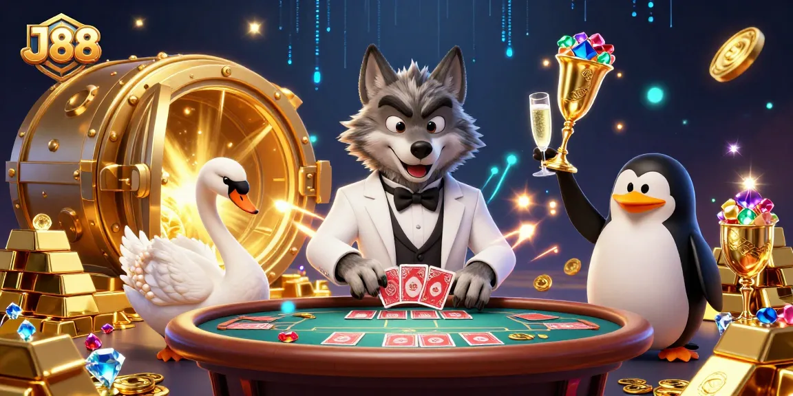 J88 offers an exciting baccarat scene with a debonair wolf, elegant swan, and sophisticated penguin.