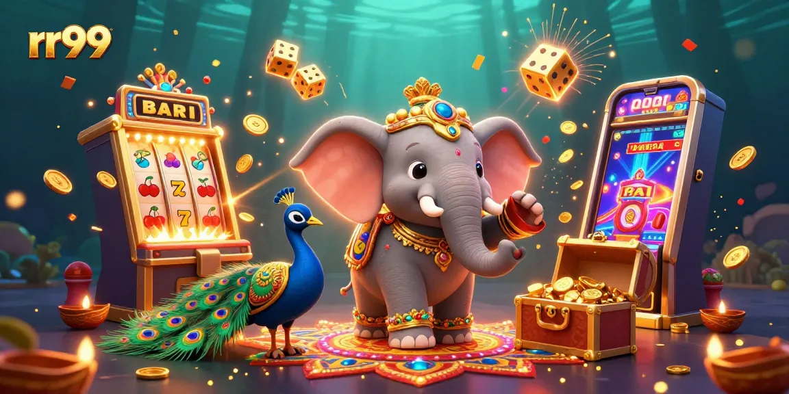 Engage with rr99 as the jackpot explodes from a dynamic slot machine in an immersive gambling scene.